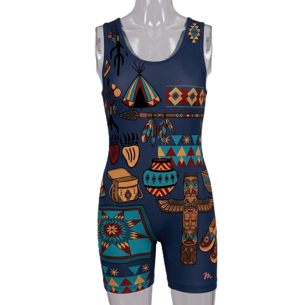 A sleeveless one-piece athletic singlet displayed on a mannequin, featuring a dark navy blue base with a vibrant Southwestern and Native American-inspired geometric pattern in teal, orange, brown, and red.