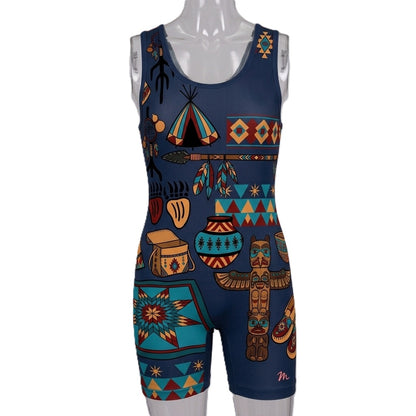A sleeveless one-piece athletic singlet displayed on a mannequin, featuring a dark navy blue base with a vibrant Southwestern and Native American-inspired geometric pattern in teal, orange, brown, and red.