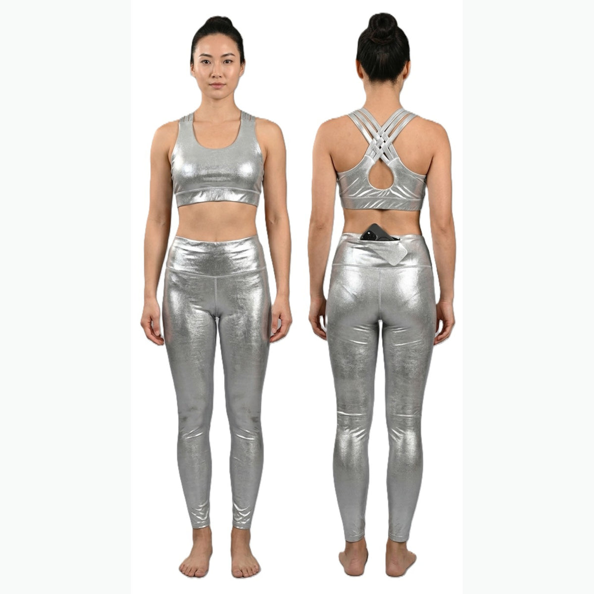 A woman modeling a shiny metallic silver two-piece activewear set, shown from both the front and back views against a plain white background.