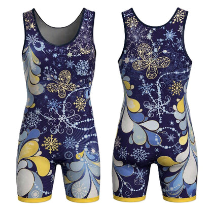 Front and back views of a sleeveless athletic short uniform with a dark navy blue base, decorated with a winter-themed pattern of gold and light blue butterflies, snowflakes, and abstract leaf-like shapes.
