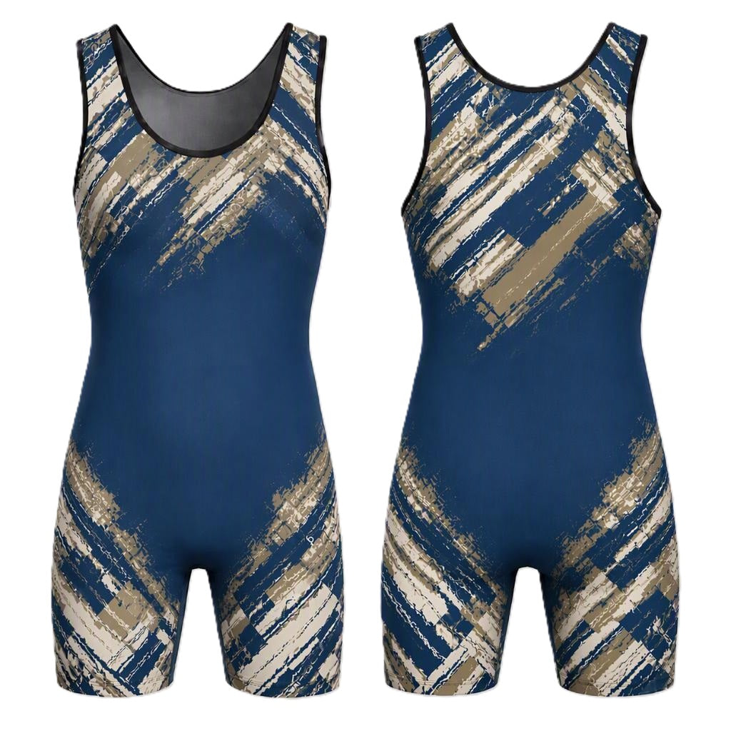 Two sleeveless athletic one-piece singlet shown from the front and back on a plain white background. The garment is dark blue with an abstract brushstroke pattern in beige and navy.