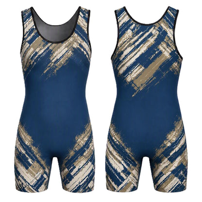 Two sleeveless athletic one-piece singlet shown from the front and back on a plain white background. The garment is dark blue with an abstract brushstroke pattern in beige and navy.