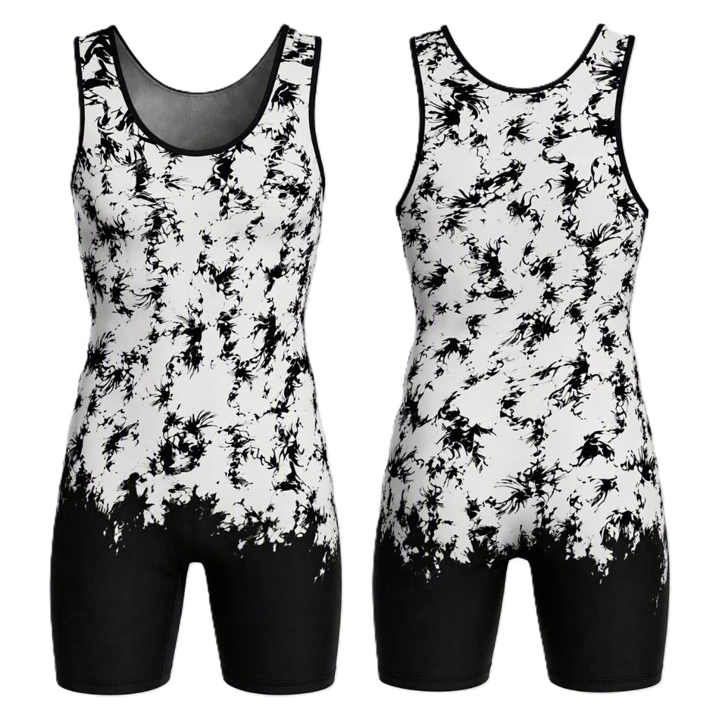 Two views of a sleeveless athletic one-piece jumpsuit/ singlet with a black and white abstract splatter pattern, shown on a plain white background.