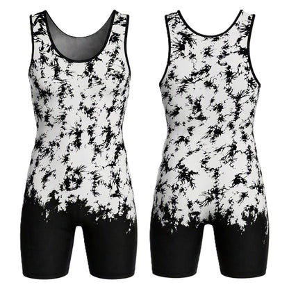 Two views of a sleeveless athletic one-piece jumpsuit/ singlet with a black and white abstract splatter pattern, shown on a plain white background.
